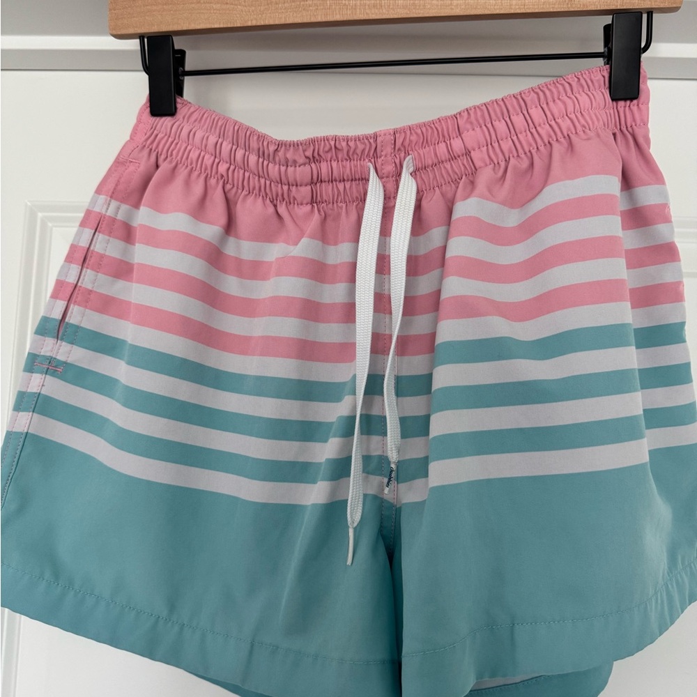 Pink & Teal Striped Men’s Drawstring Swim Shorts